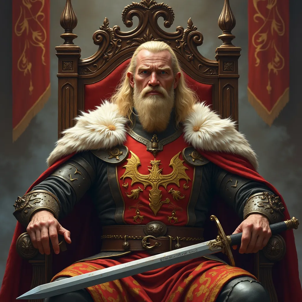 Prompt: Blonde middle aged King, calm with a sword near the Throne. Has dragon sigil in his chest and in the banners around the throne