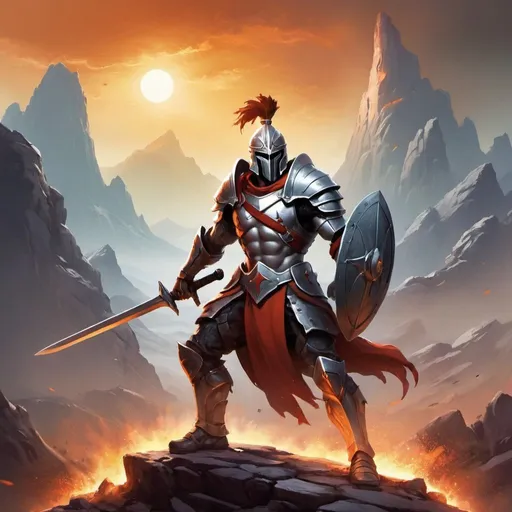 Prompt: Title: "Warrior's Valor: Chronicles of the Battleborn"

Prompt:
Create a book cover that embodies the essence of strength, courage, and the relentless spirit of a fighter. Picture a rugged landscape scarred by war, where mountains loom in the distance and a fiery sunset casts long shadows across the battlefield. Amidst the chaos stands a lone warrior, clad in battle-worn armor, sword raised defiantly against the backdrop of looming danger.

The scene should pulsate with raw energy, capturing the intensity of combat and the unwavering determination of the protagonist. Emphasize the physicality of the fighter, showcasing muscles tense with exertion and eyes ablaze with determination. Dynamic lighting should accentuate the contours of the warrior's figure, casting dramatic shadows that add depth and dimension to the scene.

Incorporate elements that hint at the epic scale of the story, such as distant armies clashing in the background or the silhouette of a fearsome creature lurking in the shadows. Let the colors be bold and evocative, with fiery oranges and deep reds symbolizing the heat of battle, contrasted against cool blues and steely grays that speak to the resilience of the warrior's spirit.

Choose typography that exudes strength and resilience, with bold lettering that commands attention and hints at the epic battles and heroic deeds that lie within the pages of the book. Let the title leap off the page, emboldened by a sense of adventure and the promise of triumph against all odds.