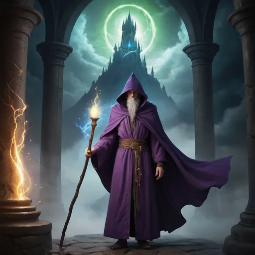 Prompt: 
Title: "Arcane Chronicles: The Sorcerer's Saga"

Prompt:
Design a book cover that transports readers into the mystical world of wizards and magic. Imagine a landscape shrouded in mystery, where ancient towers rise into the sky, their spires reaching towards swirling clouds tinged with otherworldly energy. In the foreground, a solitary figure stands, cloaked in robes adorned with arcane symbols, staff in hand, their gaze fixated on the horizon where shadows dance with ethereal light.

Hints of magic should permeate the scene, with wisps of glowing energy spiraling around the figure and subtle sparks of power crackling in the air. The atmosphere should evoke a sense of both wonder and danger, hinting at the epic adventures and perilous quests that await within the pages of the book.

Consider using a rich color palette that captures the essence of magic - deep purples, shimmering blues, and vibrant greens intertwined with golden hues of ancient wisdom. Let the typography be bold and mysterious, with intricate embellishments reminiscent of arcane runes, drawing the eye and inviting readers to delve into the enchanting world of wizards and sorcery.