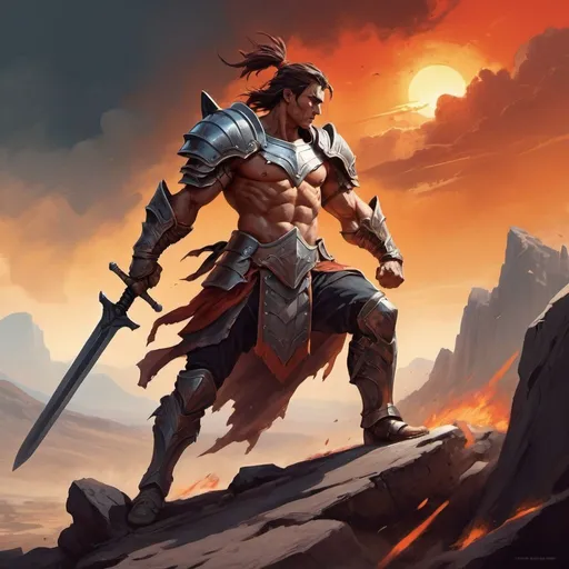 Prompt: Title: "Warrior's Valor: Chronicles of the Battleborn"

Prompt:
Create a book cover that embodies the essence of strength, courage, and the relentless spirit of a fighter. Picture a rugged landscape scarred by war, where mountains loom in the distance and a fiery sunset casts long shadows across the battlefield. Amidst the chaos stands a lone warrior, clad in battle-worn armor, sword raised defiantly against the backdrop of looming danger.

The scene should pulsate with raw energy, capturing the intensity of combat and the unwavering determination of the protagonist. Emphasize the physicality of the fighter, showcasing muscles tense with exertion and eyes ablaze with determination. Dynamic lighting should accentuate the contours of the warrior's figure, casting dramatic shadows that add depth and dimension to the scene.

Incorporate elements that hint at the epic scale of the story, such as distant armies clashing in the background or the silhouette of a fearsome creature lurking in the shadows. Let the colors be bold and evocative, with fiery oranges and deep reds symbolizing the heat of battle, contrasted against cool blues and steely grays that speak to the resilience of the warrior's spirit.

Choose typography that exudes strength and resilience, with bold lettering that commands attention and hints at the epic battles and heroic deeds that lie within the pages of the book. Let the title leap off the page, emboldened by a sense of adventure and the promise of triumph against all odds.