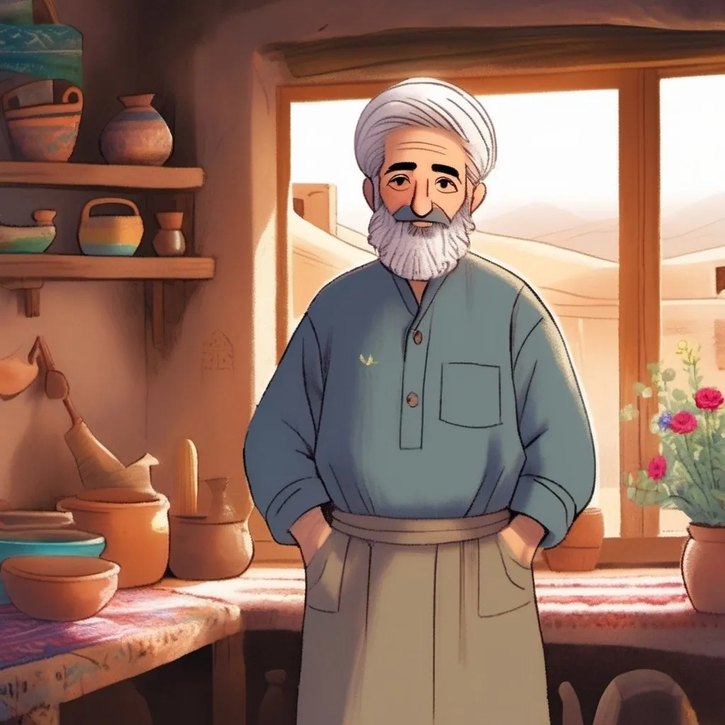 Prompt: A kind and experienced Iranian man, approximately 50 years old, standing in his luxurious adobe house. He has gray hair and a beard, dressed in simple, comfortable clothing. He has worked in multiple professions including cooking, carpentry, and painting. The house features large windows, handwoven rugs, and potted flowers.