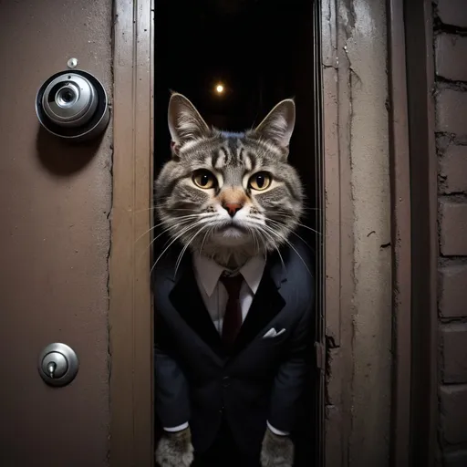 Prompt: Impatient cat ringing doorbell, peering through peephole, delivery waiting, crusty and scuffed, dark alleyway, dingy apartment building, detailed fur, intense gaze, high quality, dark and grungy, detailed eyes, mysterious lighting, low light atmosphere, cctv footage, realistic, anthropomorphic. fur suit
