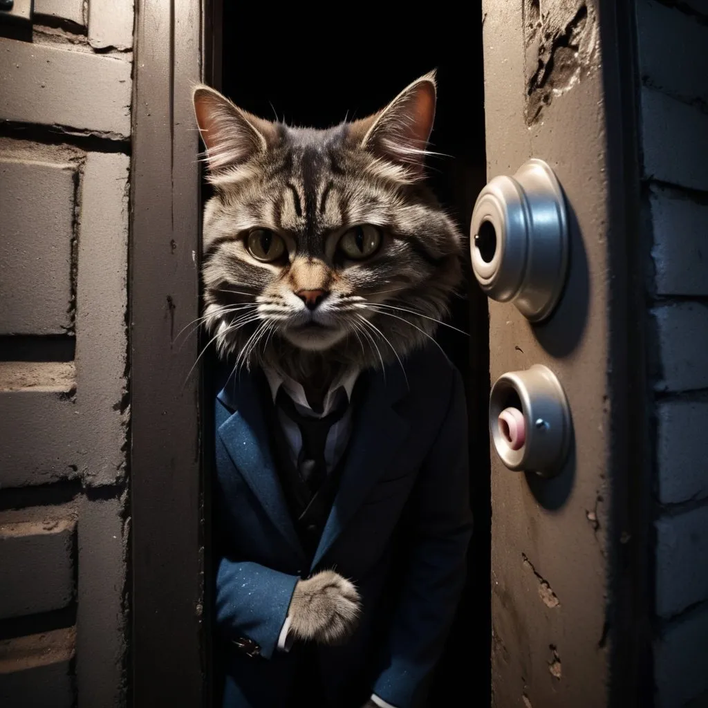 Prompt: Impatient cat ringing doorbell, peering through peephole, delivery waiting, crusty and scuffed, dark alleyway, dingy apartment building, detailed fur, intense gaze, high quality, dark and grungy, detailed eyes, mysterious lighting, low light atmosphere, cctv footage, realistic, anthropomorphic. fur suit