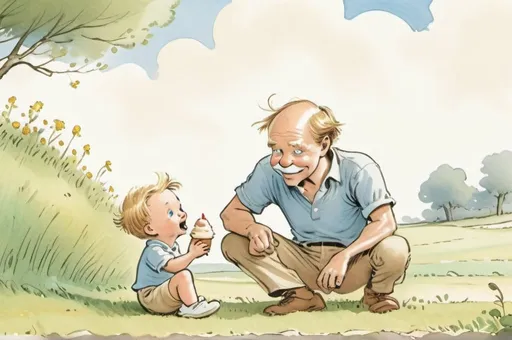 Prompt: A children's book illustration of two people: a toddler and his father. It should be an image about them eating ice cream, being happy and their faces should be visible. The boy looks like Prince George when he was 2 years old. His eyes blue and can he wear clothes similar to what British upper class children wear. His father is 35 years old, has blue eyes, dark blond hair and wearing beige pants and blue shirt from Ralph Lauren, no jacket. His pants fit him well. They live in Zurich, Switzerland. They are both wearing sneakers. 