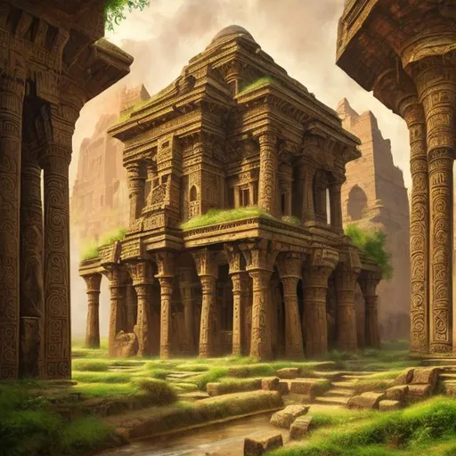 Prompt: Ancient Kolkhi civilization, realistic oil painting, elaborate architecture, lush greenery, mythical creatures, historical narrative, high quality, realistic, ancient, detailed, oil painting, mythical, lush green, elaborate architecture, historical, narrative, professional, atmospheric lighting