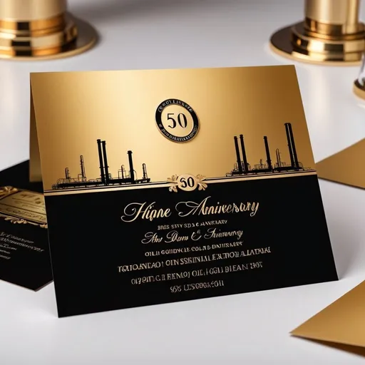 Prompt: Corporate-style 50th anniversary invitation card for oil company, oil refinery, oil pipeline, elegant and professional, high quality, oil pipeline network, golden anniversary theme, refined and sophisticated design, luxurious gold accents, polished and sleek, professional concept, best quality, elegant, professional, high-res, luxurious, polished