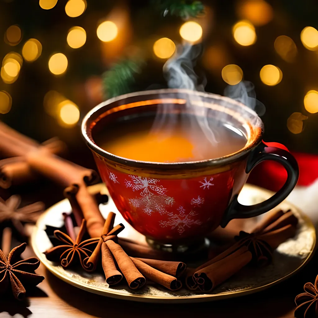 Prompt: hot cup of steaming punch, with cinnamon,  in an Christmas atmosphere.
