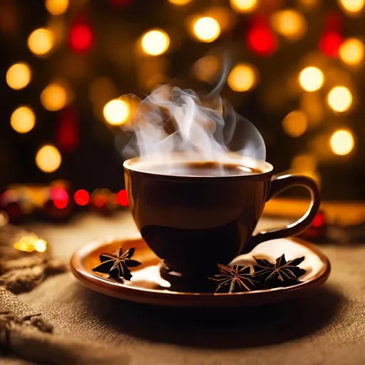 Prompt: hot cup of steaming tea, in an  Christmas atmosphere.

