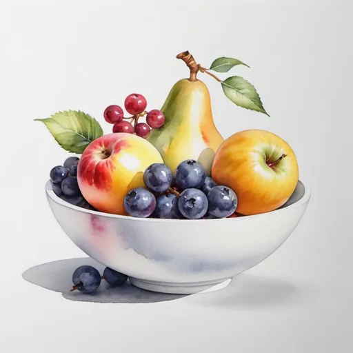 Prompt: watercolor fruit in white ceramic bowl, realistic, high detail 