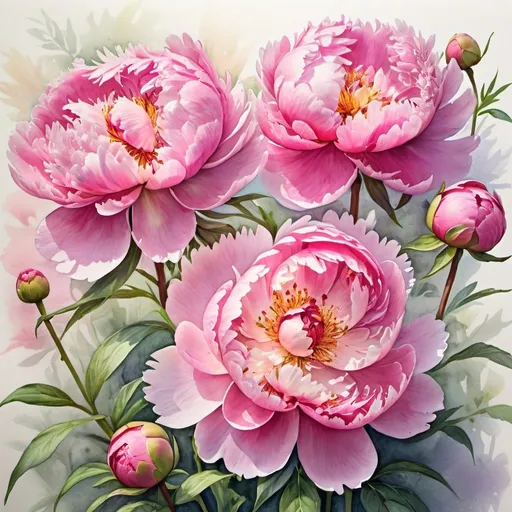 Prompt: Watercolor painting of a vibrant pink peonies garden, soft and delicate brushstrokes, floral blooms in various stages of bloom, intricate details in petals, high quality, elegant, watercolor, pink tones, delicate brushstrokes, detailed petals, garden setting, soft and natural lighting