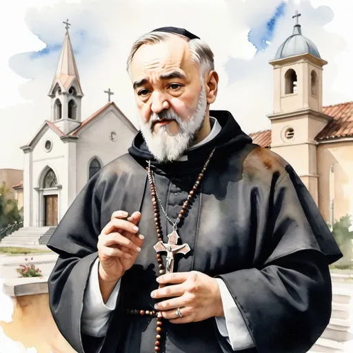 Prompt: watercolor St. Padre Pio realistic holding a rosary in his hands with a Catholic Church in the background 