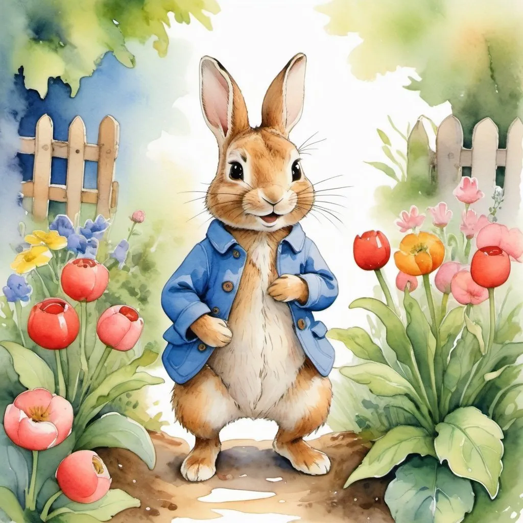 Prompt: watercolor Peter Rabbit in a garden