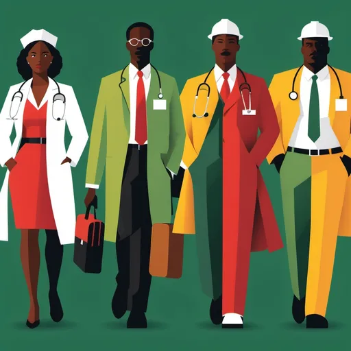 Prompt: Create a vector-style design that features clean silhouettes of African American professionals from diverse fields, such as doctors, business professionals, construction workers, and engineers. Each silhouette should include distinctive characteristics like stethoscopes, briefcases, and tools such as wrenches, but be minimalist in style. Incorporate subtle accents in red, yellow, and green to represent Black History Month without overpowering the visual. The design should be scalable, modern, and professional—suitable for both print and digital formats.