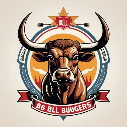 Prompt: Create an imaginative emblem in the style of Second World War era nose art named 'boys, burgers, booze , bull . 
A heroic standing bull is between ski poles and the bull is holding a whiskey bottle in one hand and hamburger in other hand,  The logo should represent camaraderie and courage