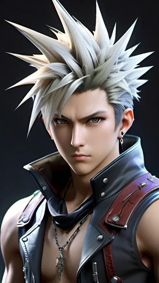 Prompt: Original spiky-haired male Final Fantasy character by Tetsuya Nomura, high quality 3D rendering, scarf, intricate details on clothing and accessories, high-quality, anime, fantasy, dynamic pose, vibrant and colorful, dramatic lighting, cyberpunk setting, futuristic, detailed eyes, unique character design