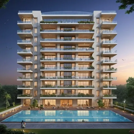 Prompt: Generate an appartment with 20 floors and 5 more utility floors for swimming pool,gym etc. the appartment is worth 200 crore and has 2 floors for underground parking. The appartment is built on 2000 yard 2000 yard for garden sports area ,kids play area.