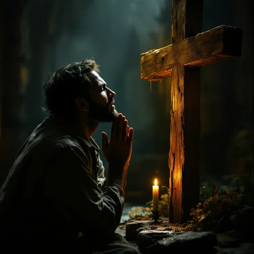 Prompt: realistic depiction of a person kneeling at a cross, dramatic lighting, evocative atmosphere, deep emotional resonance, detailed facial expression, focus on spiritual contemplation, moody backdrop with soft shadows, serene color palette, ultra-detailed composition, high-quality image, conveys profound sense of humility and reverence.