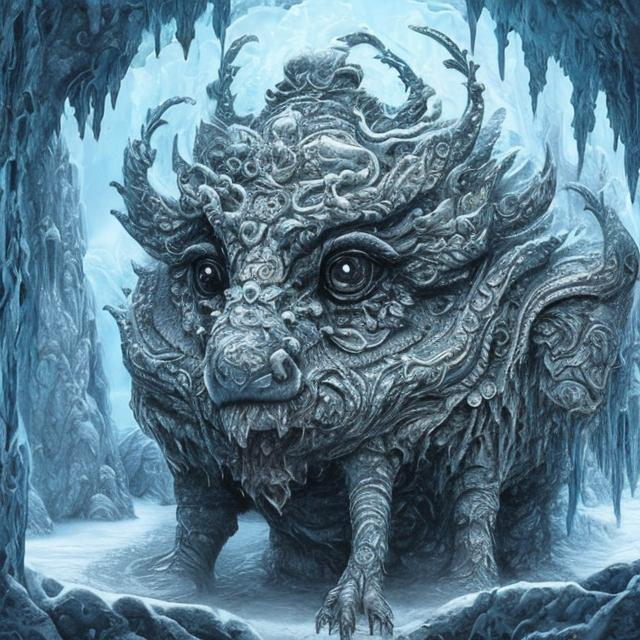 Prompt: An Ice monster that has a black stone for a head. It is within an intricate frozen high fantasy hell.