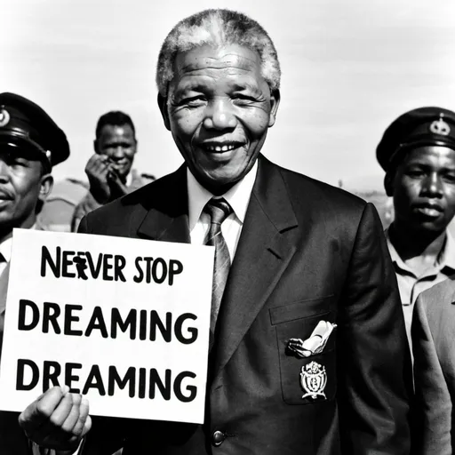 Prompt: Nelson Mandela holding a sign in his hand where it says "never stop dreaming"