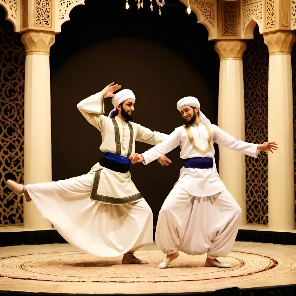 Prompt: Please design a picture of Shams and mewlana jalal rumi in dance sama for me