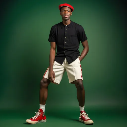 Prompt: a man in a black shirt and red and white sneakers poses for a picture in front of a green background, Bruce Onobrakpeya, harlem renaissance, black background, a character portrait