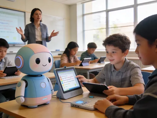 Prompt: create a picture for special needs students with dylexia getting helped educationally from robots make it with real people in a modern classroom and let there be a teacher instructing both robots and students and they seem good