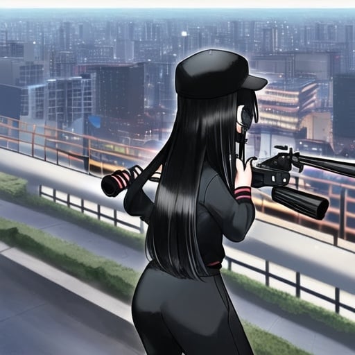 Prompt: far away, on the top of high building, a young girl 17 years old, with shoulder-length hair, she is wearing a black tracksuit
and a black cap that is covering half of her face. She is using a black long sniper gun.