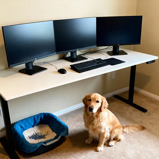 Prompt: Computer Monitors, 3 screens. Mouse, Dog, Litterbox
