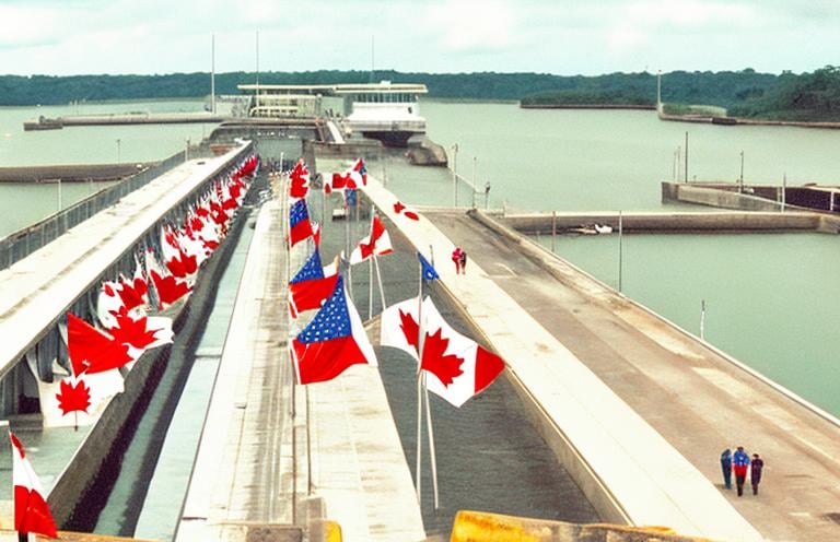 Prompt: The gatun locks with canadian flags and people enslaved