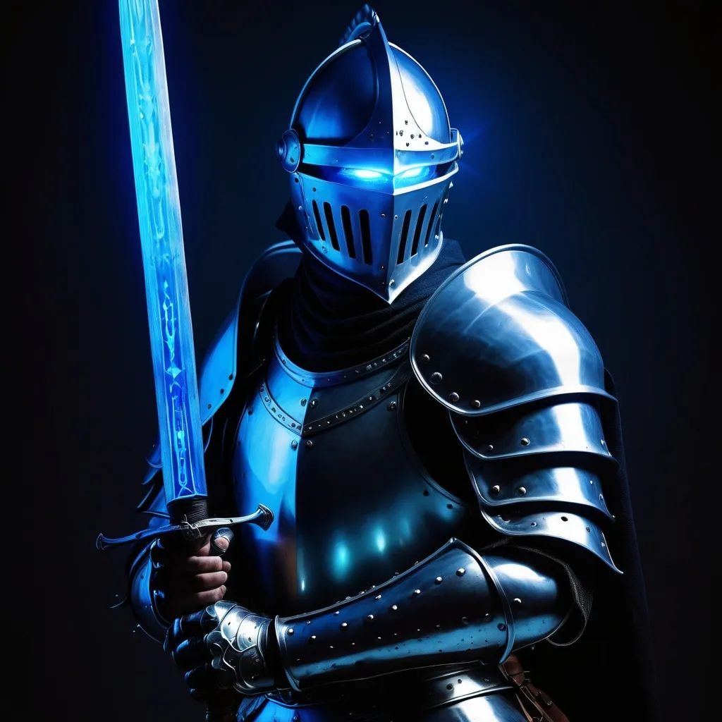 Prompt: a knight with armor and a helmet covering the entire face, with eyes that emit blue light, holding a sword with a blue light effect.