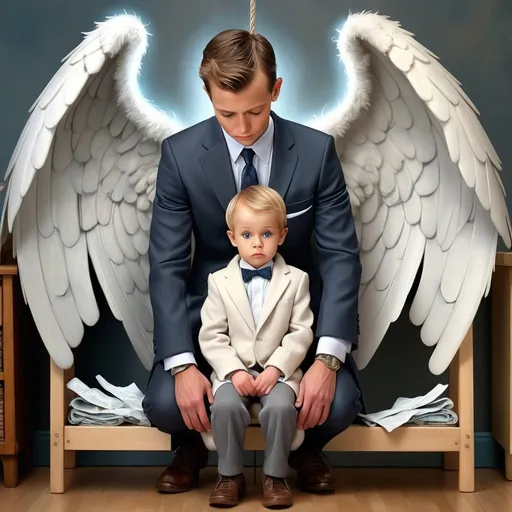 Prompt: A surreal concept collage a little boy wrapped up in the Long jacket of his mother holding on to her leg for dear life as he appears out words and upwards at a clothing rack with a picture behind it of a powerful man and on The clothing rack how many bow ties a suit jacket and some angel wings there's a Halo on the floor he reaches for the alien angel wings dream Lake