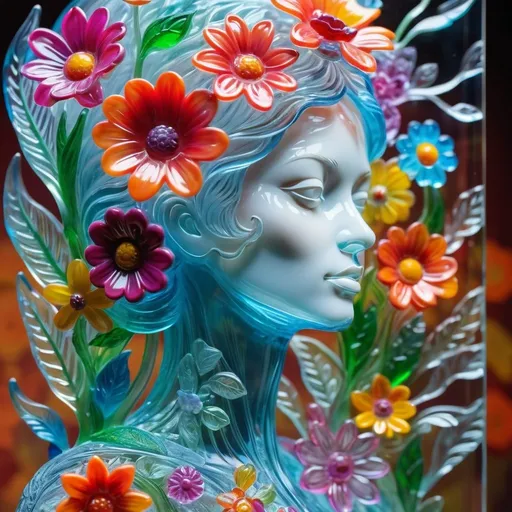 Prompt: A detailed and vibrant transparent glass sculpture of a woman with flowers, intricate details, surreal, colorful background