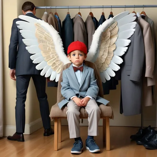 Prompt: A surreal concept collage a little boy wrapped up in the Long jacket of his mother holding on to her leg for dear life as he appears out words and upwards at a clothing rack with a picture behind it of a powerful man and on The clothing rack how many bow ties a suit jacket and some angel wings there's a Halo on the floor he reaches for the alien angel wings dream Lake