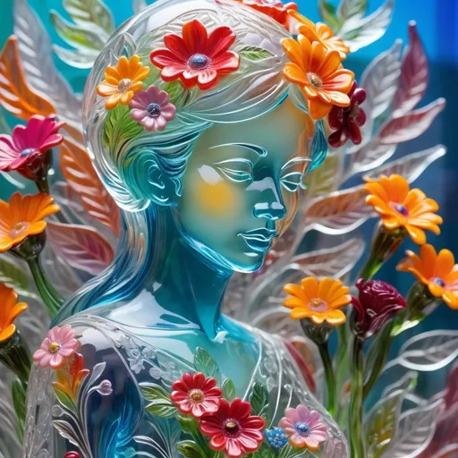 Prompt: A detailed and vibrant transparent glass sculpture of a woman with flowers, intricate details, surreal, colorful background