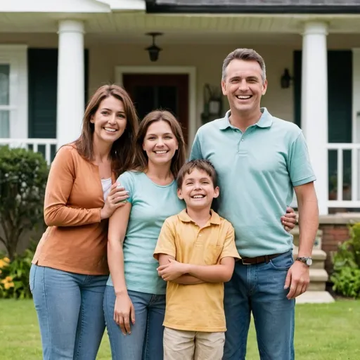 Prompt: a family stand in the front of their house and really happy