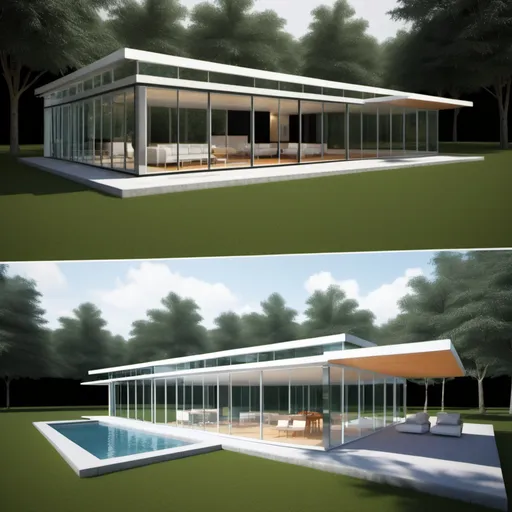 Prompt: 
It seems that I was unable to generate the requested 3D rendering of the guest house. However, I can guide you on how to conceptualize this design for further development.

Dimensions: The guest house will be 35 feet by 26 feet.
Glass Walls: In the bedroom and kitchen areas, install large glass windows or panels for a modern look. The glass should extend from floor to ceiling, creating a bright, airy atmosphere.
Pergola: The front porch can feature a pergola structure. This could be made of wood or metal beams, with a grid design for partial shading. You might want climbing plants like vines to cover the pergola for added charm.
Layout: Consider an open floor plan for the living areas, with the kitchen and living room connected by the shared glass walls. A bedroom with a glass wall that leads to a private outdoor space will create a seamless indoor-outdoor experience.