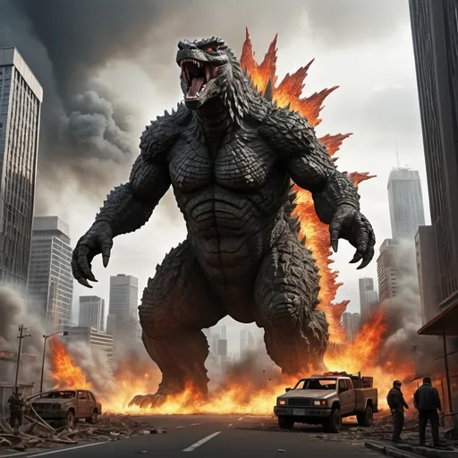 Prompt: Godzilla rampaging through a city, destructive chaos, high level of destruction, giant monster, detailed scale textures, realistic 3D rendering, highres, ultra-detailed, sci-fi, intense action, dramatic lighting, apocalyptic cityscape, towering skyscrapers, fiery destruction, dynamic angles, epic scale, massive destruction, menacing presence