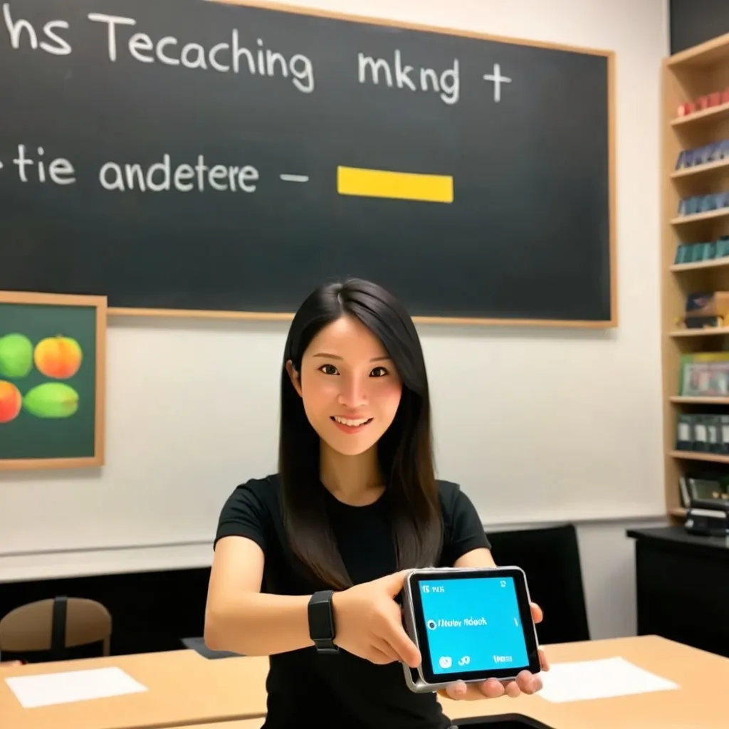 Prompt: a teacher with dark hair who likes mango, shoulder length hair, Asian-american, kind, wearing digital watch, black t-shirt. teaching students about AI