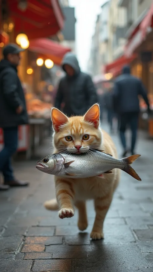 Prompt: A captivating photograph of a mischievous cat, holding a silver medium-sized fish in its mouth while dashing through an open-air market. The cat has a panicked expression as it navigates the bustling street filled with various market stalls. The fishmonger is visible in the background, chasing after the thieving cat, with a hand gesturing angrily in the air. The market atmosphere is lively, with people strolling and engaging in conversations., photo