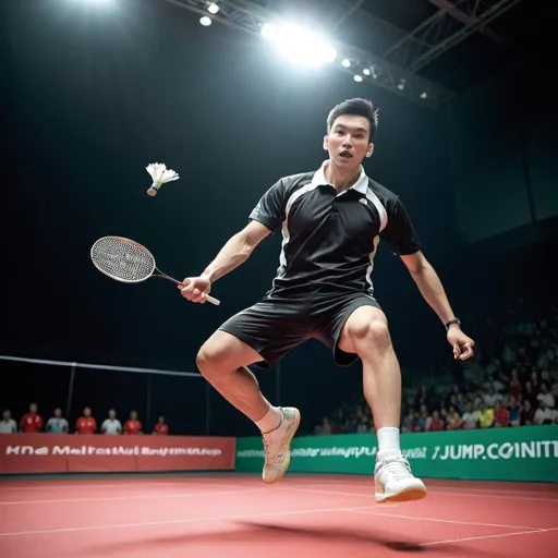 Prompt: male badminton player , jump smash , 