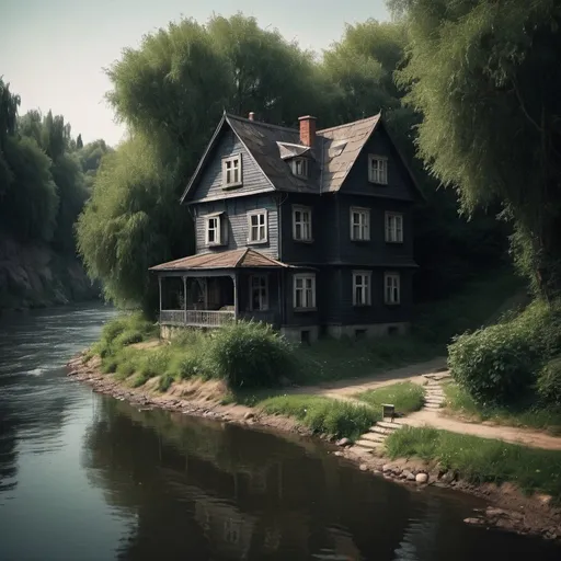 Prompt: There are many houses, all of them are dark and scary
And here is a very acceptable and peaceful house by the river
And above her, the house is written: NEDA AKBARY
There is no one here, only one girl
sunny weather
Like A strange world