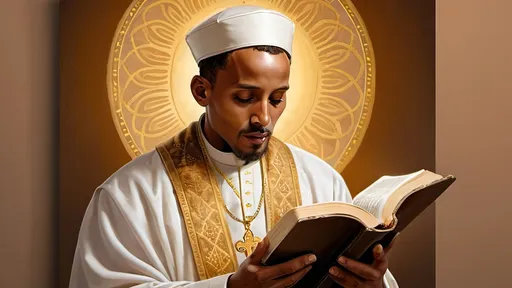 Prompt: Ethiopian priest reading a Bible, gold pattern design, light brown background, realistic sketch, detailed facial features, high-quality, traditional art style, warm tones, soft lighting