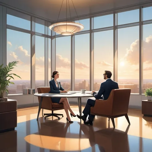 Prompt: A warm, conversational illustration of Alex and Jamie dressed formally, sitting together in an upscale 
office environment, looking at the project timeline, symbolizing understanding and collaboration