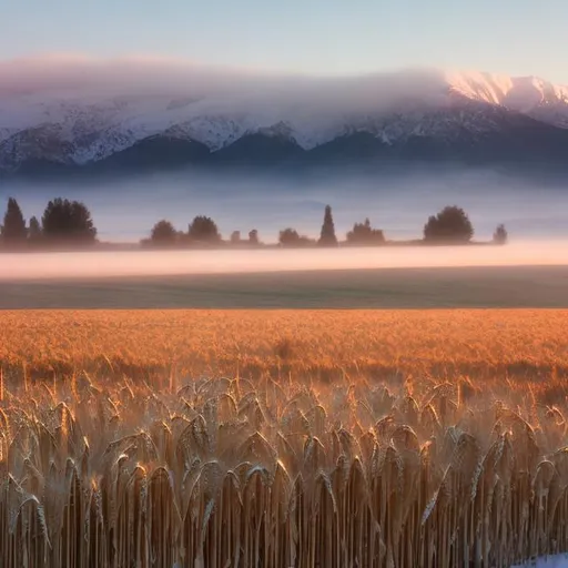 Prompt: A field of ripened wheat and snow-covered mountains in the background. Dawn. Fog.