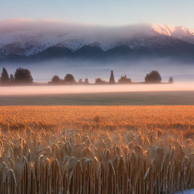 Prompt: A field of ripened wheat and snow-covered mountains in the background. Dawn. Fog.
