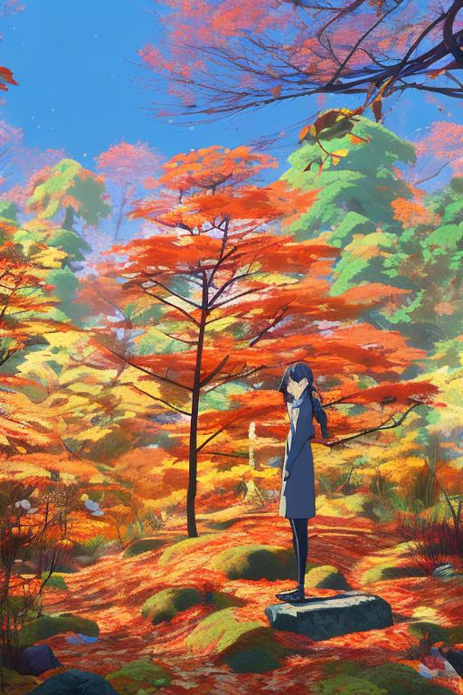 Prompt: Model in fall forest in hayao miyazaki style.