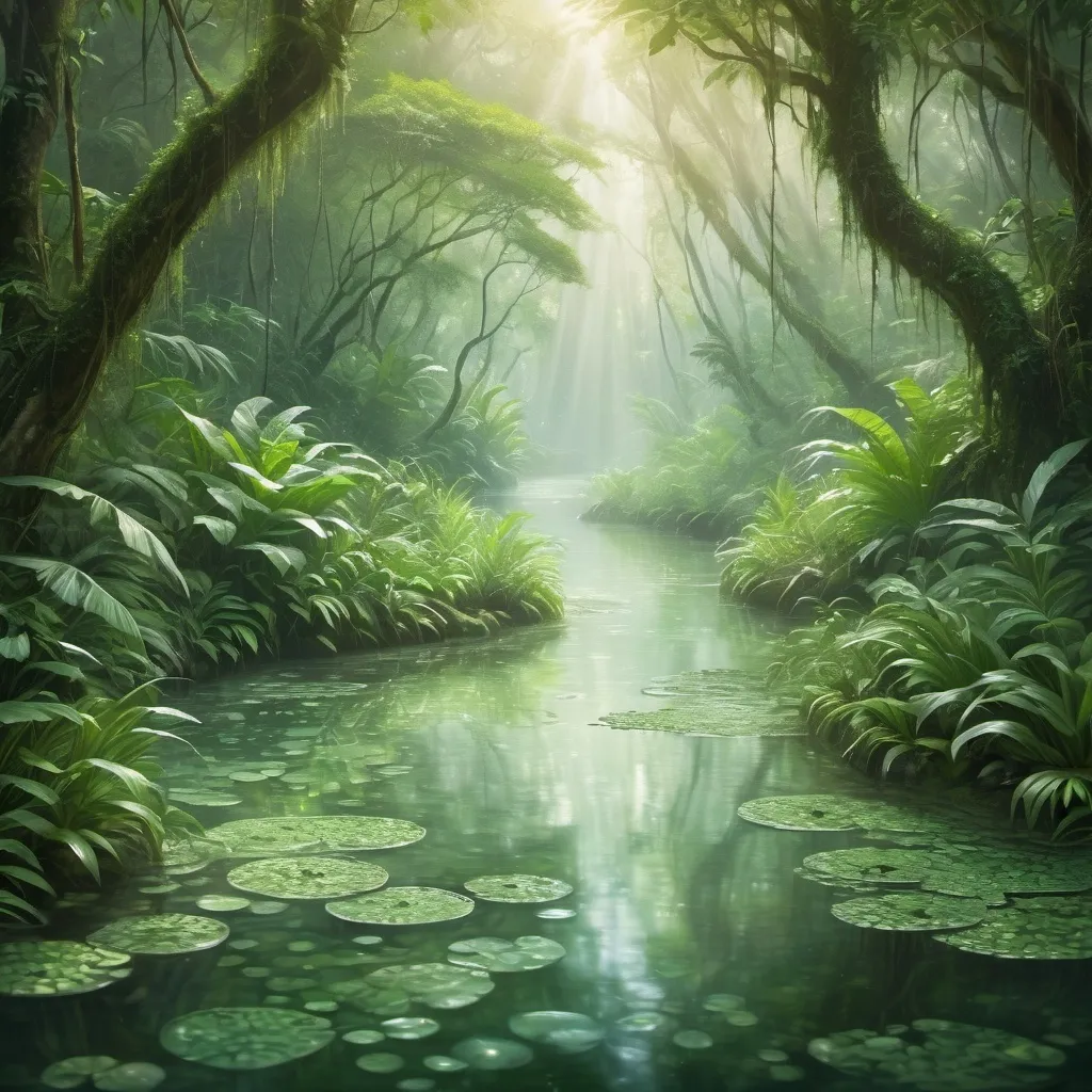 Prompt: A nice creek in the middle of a light green jungle forest which seems a bit dreamy and a bit hard to make things out