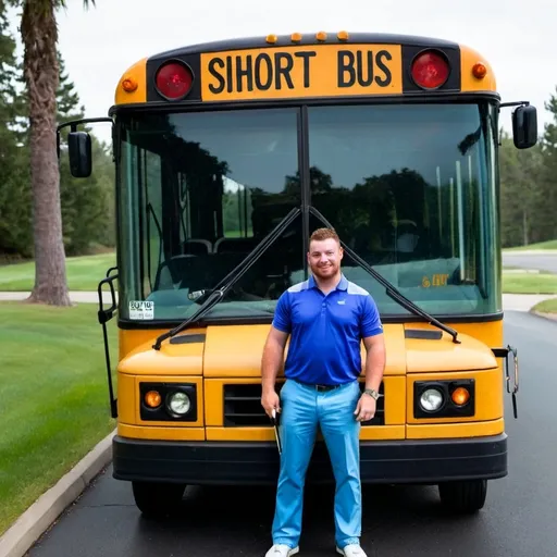 Prompt: Put the guy in front of a short bus. He is about to go golfing but he isn’t good at golf. Make sure the words “Short Bus” is shown on the bus