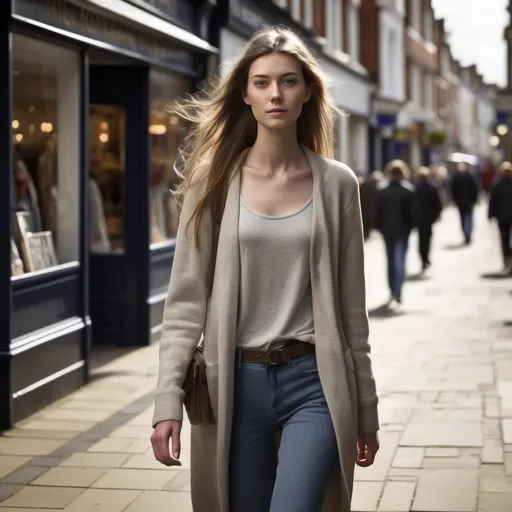 Prompt: Tall young woman walking down the high street, detailed clothing, realistic, natural lighting
