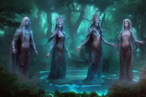 Prompt:  In a mystical grove, three ethereal figures - Urd, Verdandi, and Skuld - stand beside a shimmering pool, their forms shrouded in mist.
 Urd, the Past, kneels beside the pool, her hands caressing the water. Verdandi, the Present, stands tall, shaping fate's threads. Skuld, the Future, leans forward, anticipating the unknown. The scene exudes otherworldly beauty and mystery, with the Norns radiating an aura of destiny and fate.
Create an AI art that captures the essence of these powerful weavers of destiny.
